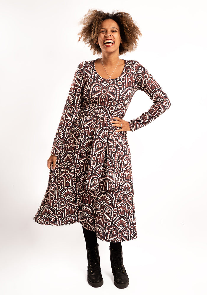 Third angle of Minna Brown Hand Painted Deco Print Midi Dress