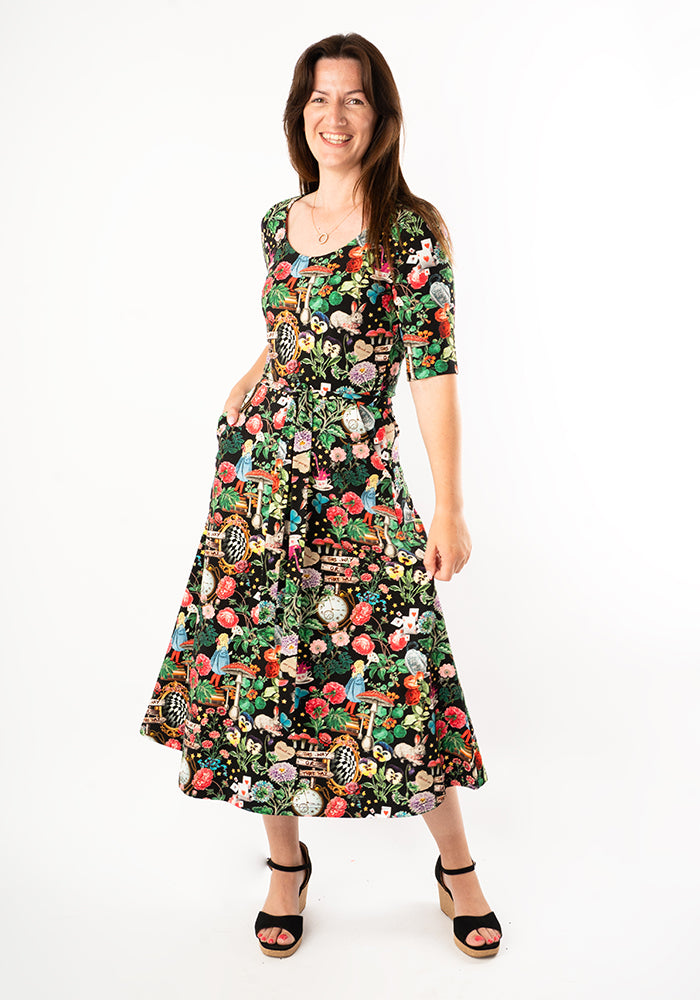 Front view of Mirana Wonderland Print Cotton Midi Dress