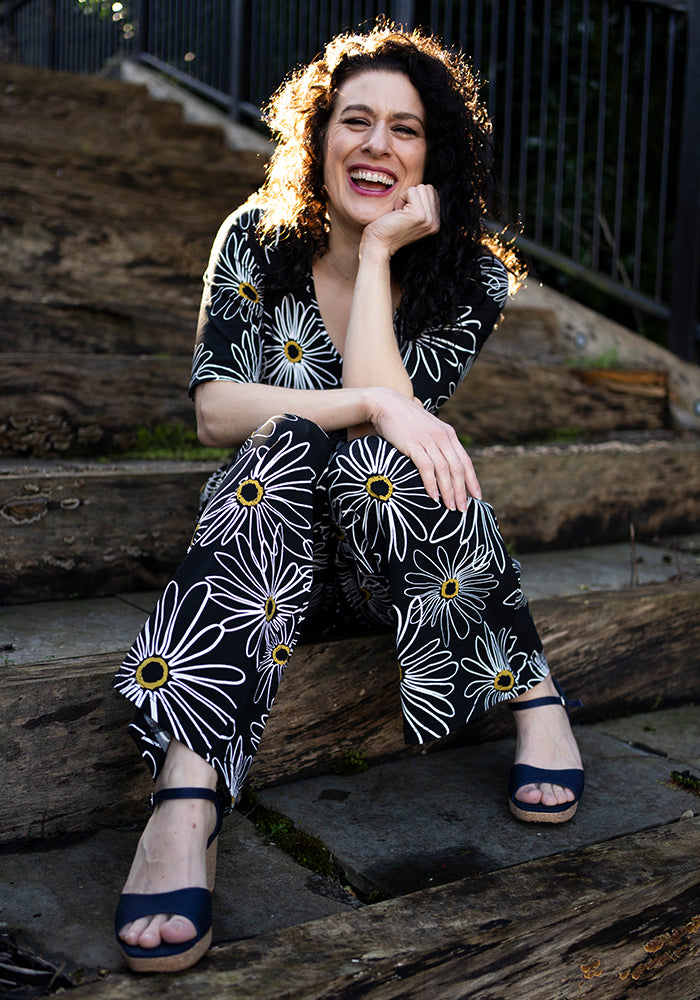 Mollie Linear Daisies Print Cotton Culotte Leg Jumpsuit