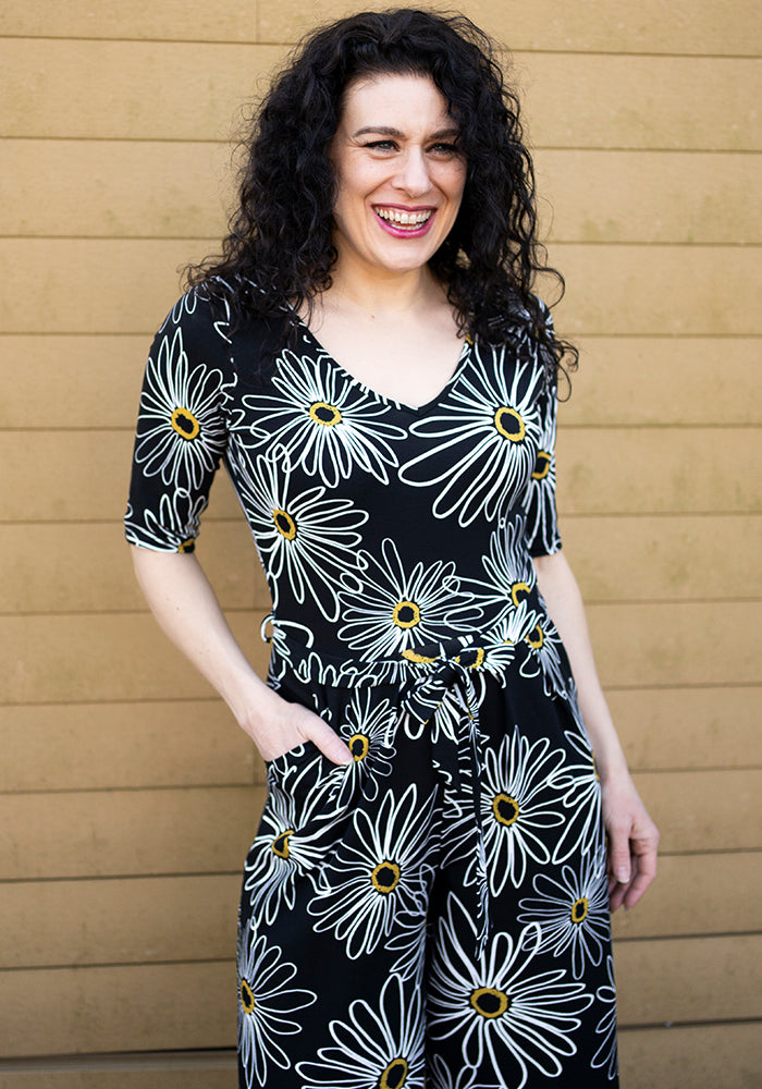 Mollie Linear Daisies Print Cotton Culotte Leg Jumpsuit