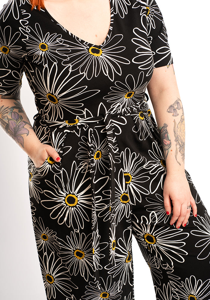 Mollie Linear Daisies Print Cotton Culotte Leg Jumpsuit