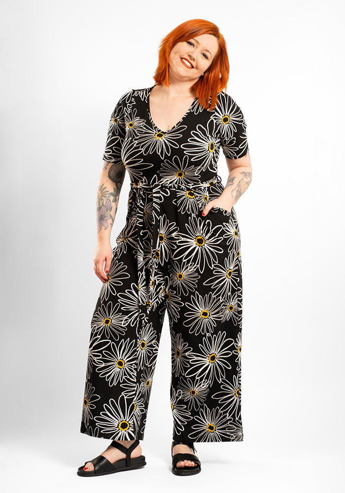 Mollie Linear Daisies Print Cotton Culotte Leg Jumpsuit