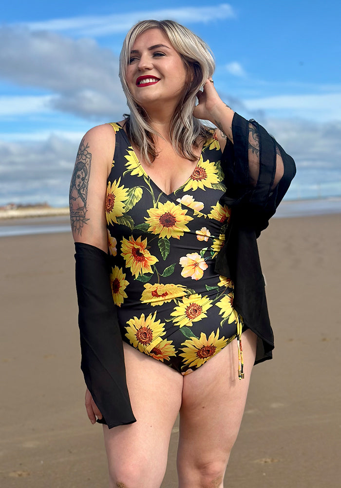 Front view of Black Sunflower Side Ruched Swimsuit