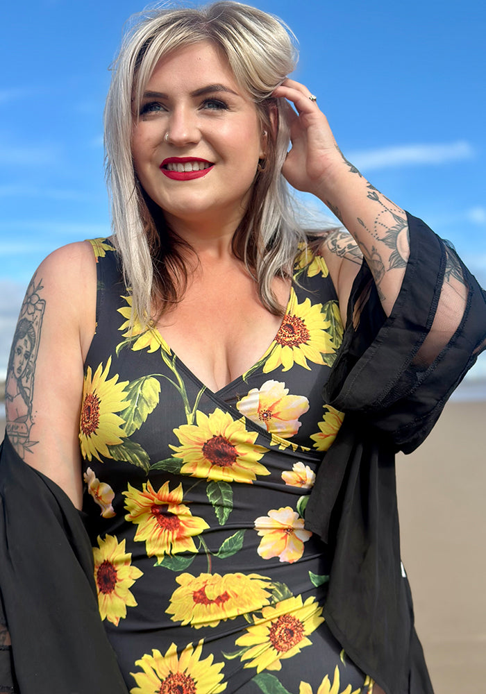 Popsy Black Sunflower Side Ruched Swimsuit