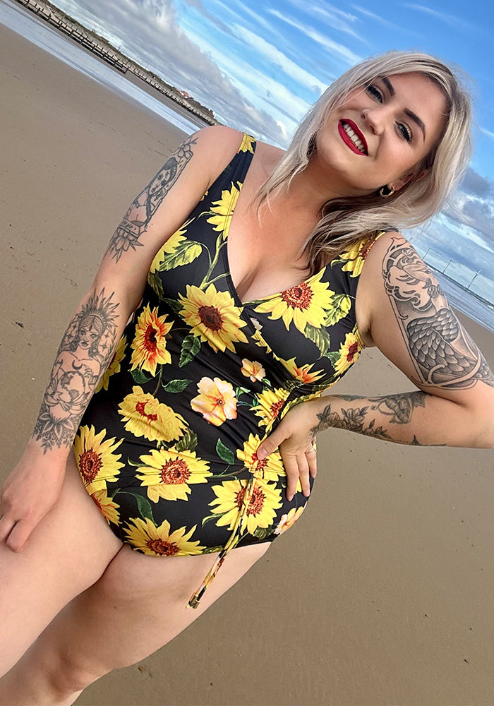 Popsy Black Sunflower Side Ruched Swimsuit