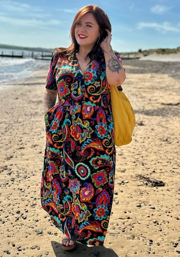 Front view of Lysandra Painted Paisley Print Button Front Cotton Midaxi Dress