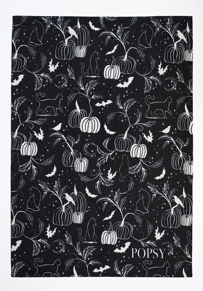 Mono Pumpkin &amp; Cat Print Tea Towel