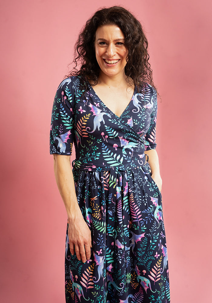 Front view of Moona Dragon Print Cotton Midi Dress