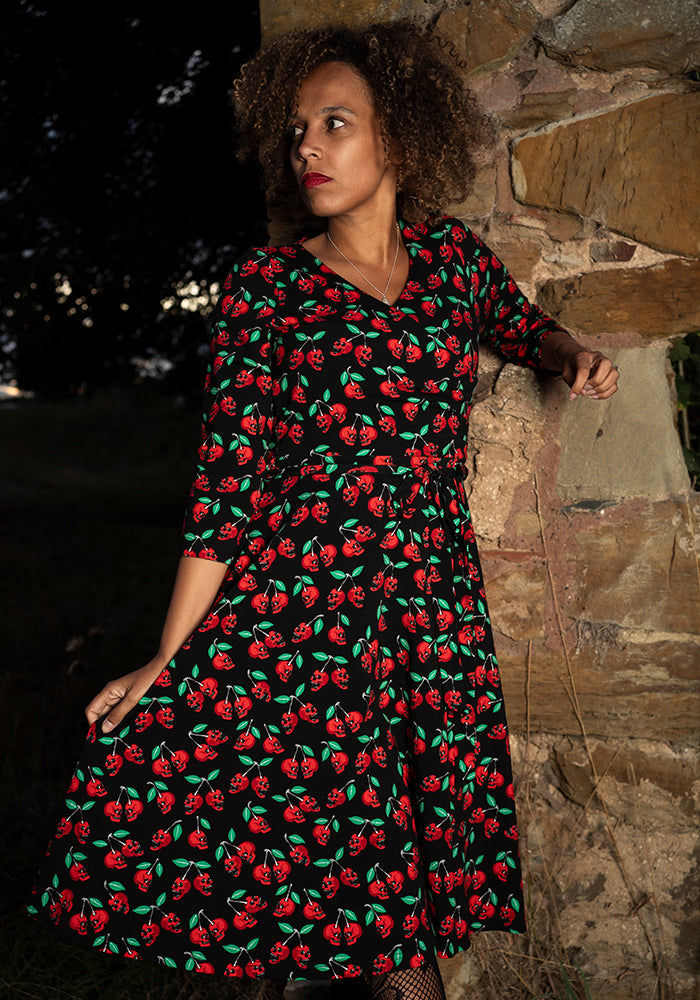 Morella Skull Cherries Print Cotton Swing Dress