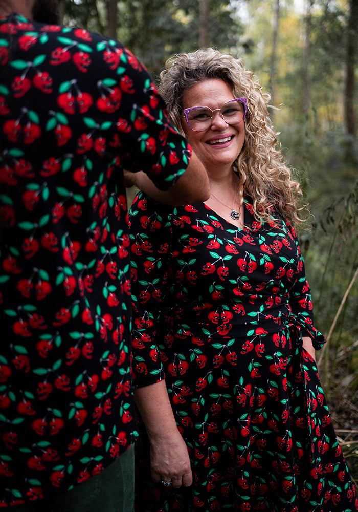 Morella Skull Cherries Print Cotton Swing Dress