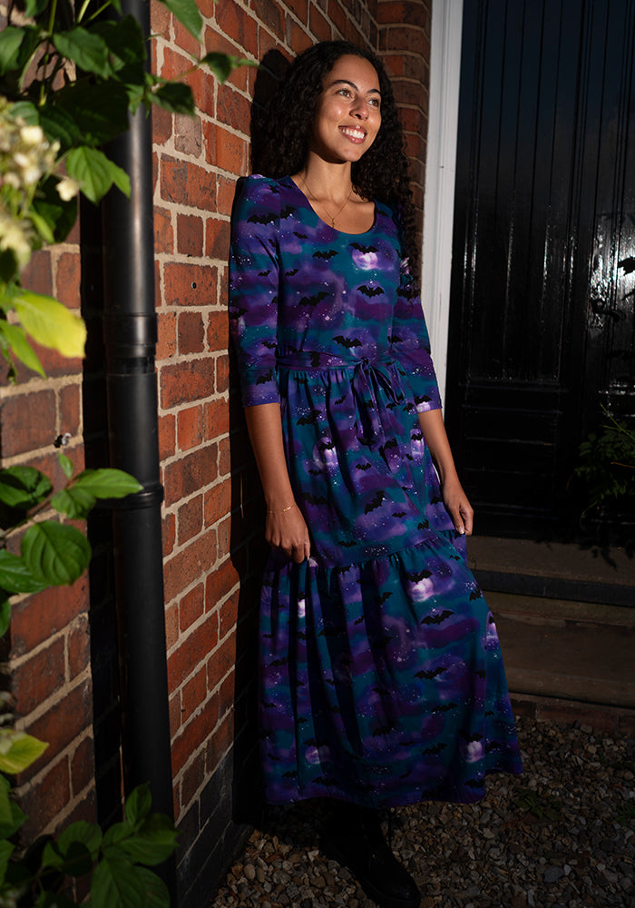 Morgana Purple Bats in the Night Sky Print Cotton Midaxi Dress
