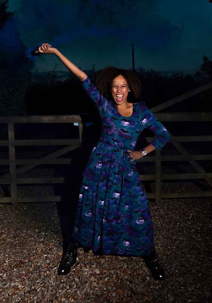 Morgana Purple Bats in the Night Sky Print Cotton Midaxi Dress