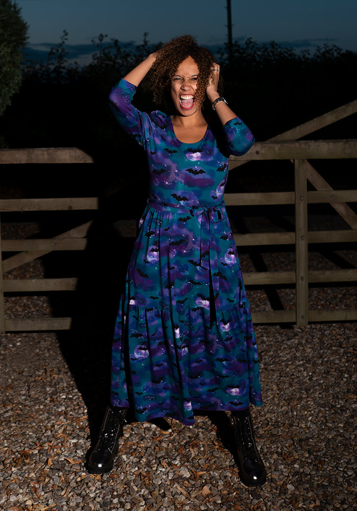 Morgana Purple Bats in the Night Sky Print Cotton Midaxi Dress