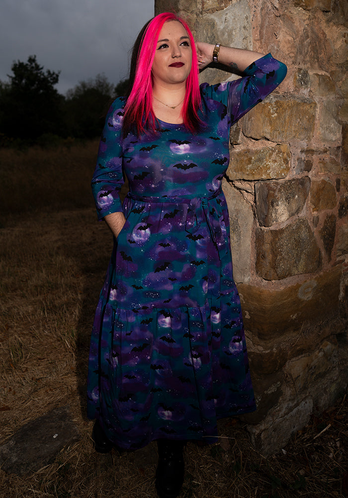 Morgana Purple Bats in the Night Sky Print Cotton Midaxi Dress