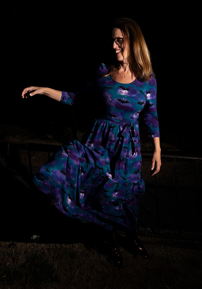 Morgana Purple Bats in the Night Sky Print Cotton Midaxi Dress