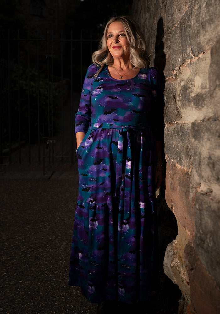 Morgana Purple Bats in the Night Sky Print Cotton Midaxi Dress
