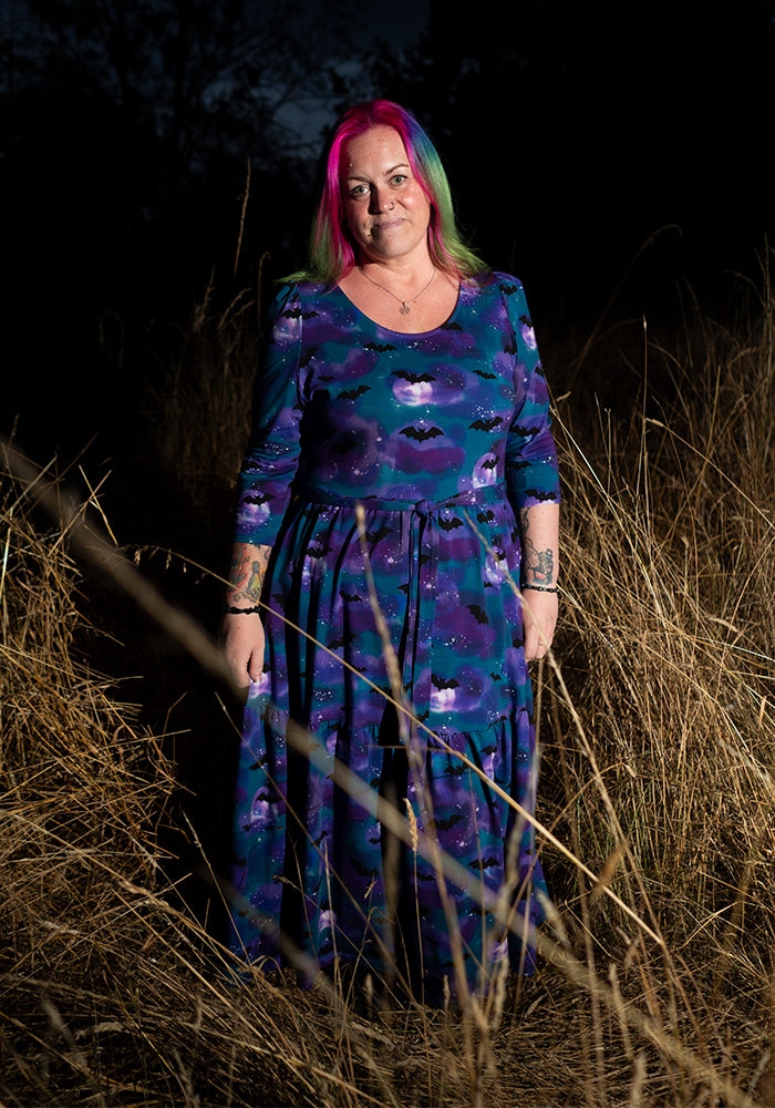 Morgana Purple Bats in the Night Sky Print Cotton Midaxi Dress