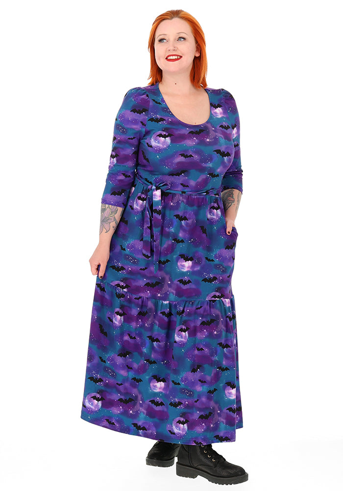 Morgana Purple Bats in the Night Sky Print Cotton Midaxi Dress
