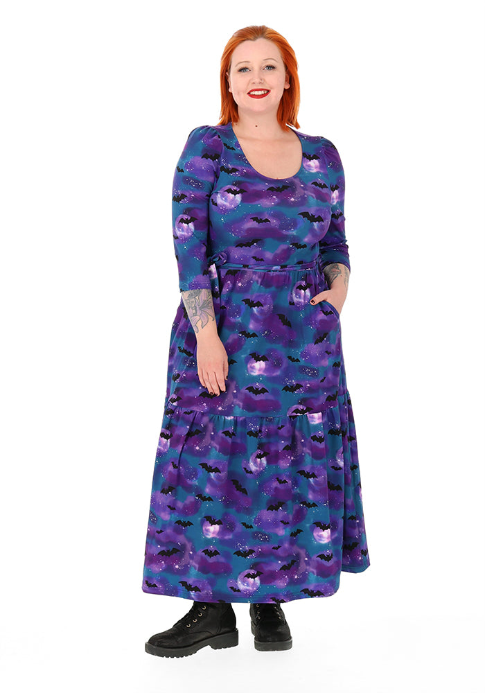 Morgana Purple Bats in the Night Sky Print Cotton Midaxi Dress