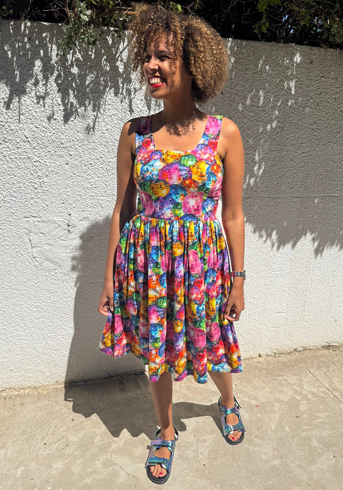 Front view of Morwenna Disco Balls Print Shirred Back Cotton Dress