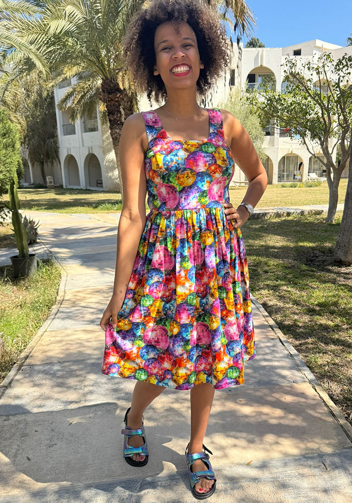 Third angle of Morwenna Disco Balls Print Shirred Back Cotton Dress
