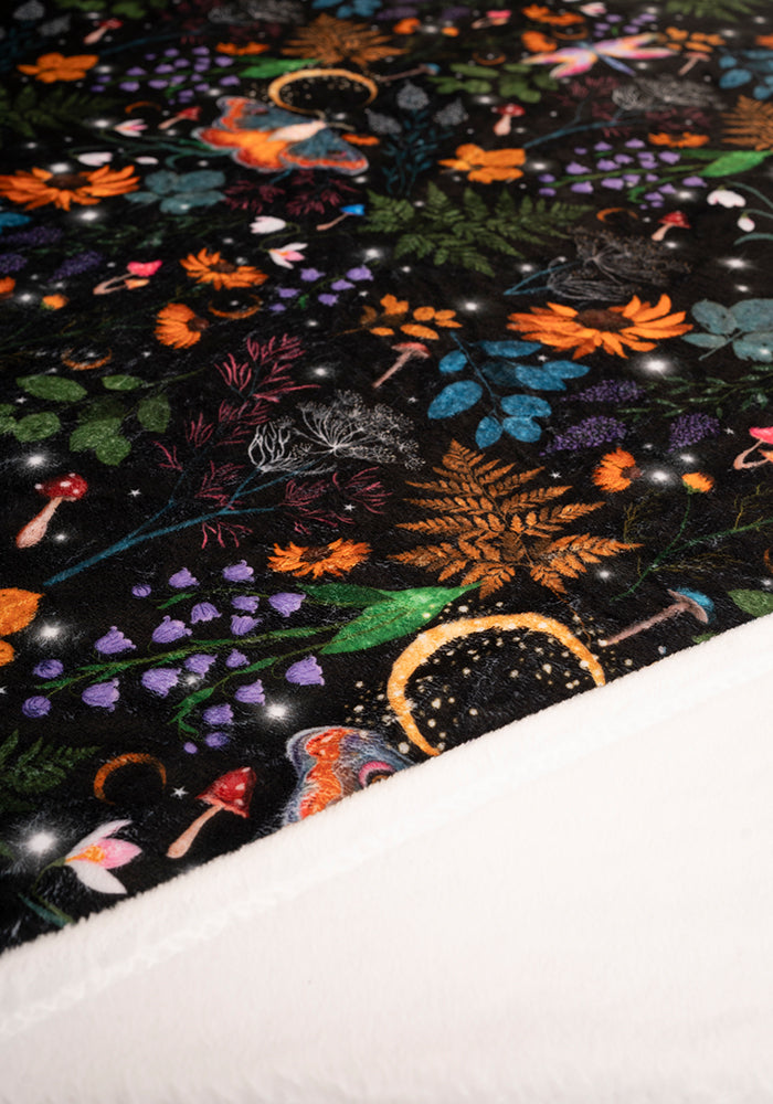 Pop-under Black Magical Moth Print Plush Blanket