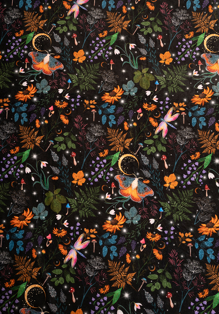 Pop-under Black Magical Moth Print Plush Blanket