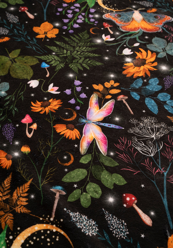 Pop-under Black Magical Moth Print Plush Blanket