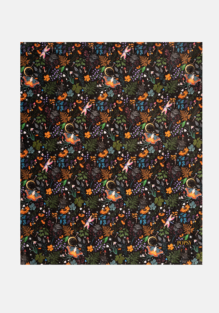 Third angle of Pop-under Black Magical Moth Print Plush Blanket