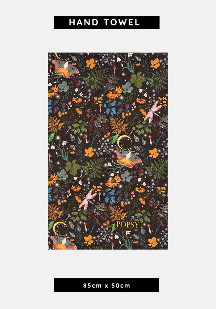 Front view of Black Magical Moth Print Hand Towel