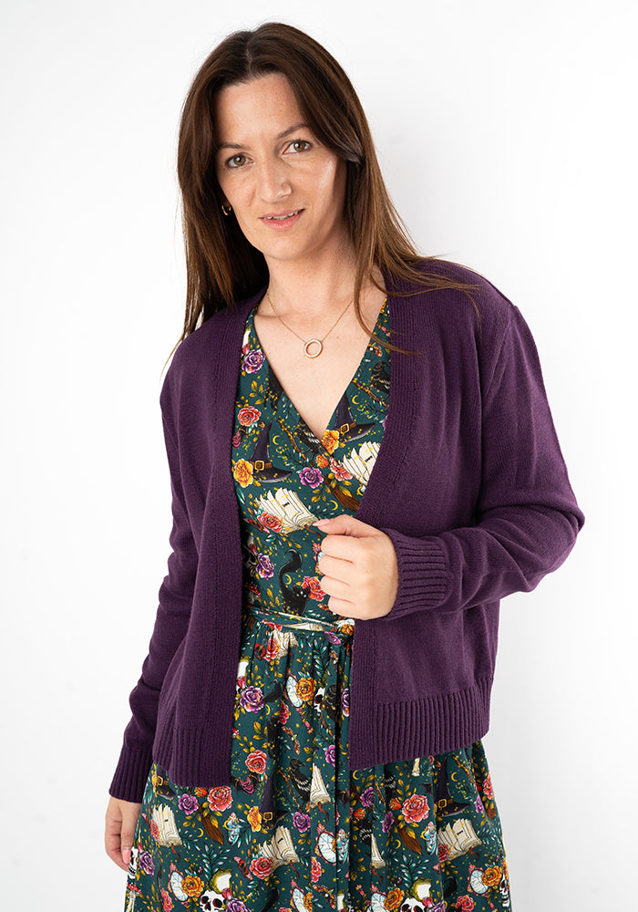 Front view of Mulberry Ribbed Cuff Cardigan