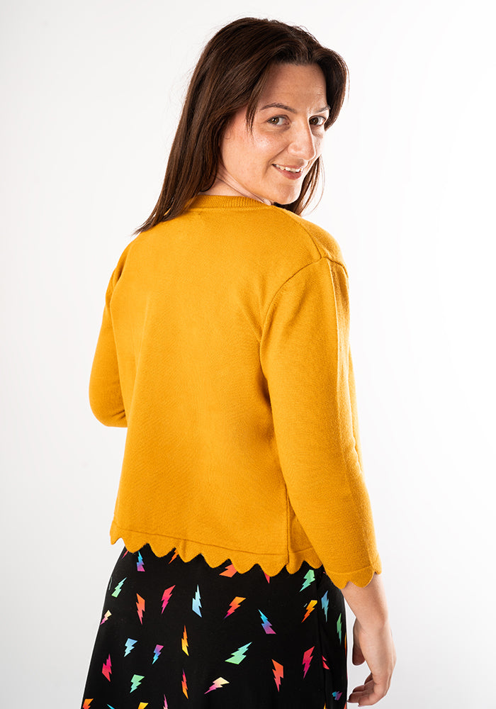 Second angle of Mustard Fine Knit Scallop Cardigan