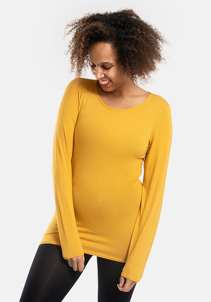 Front view of Mustard Long Sleeve Round Neck Top