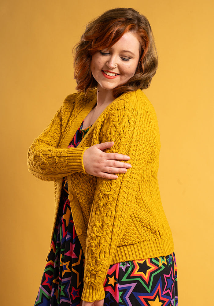 Third angle of Mustard Moss Stitch Cardigan
