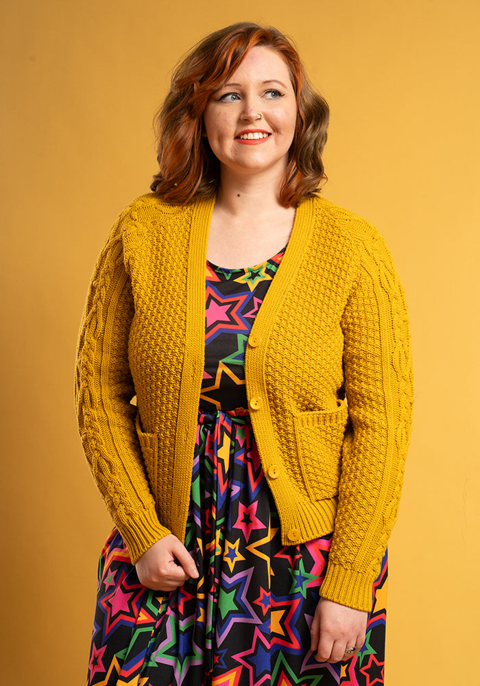 Front view of Mustard Moss Stitch Cardigan