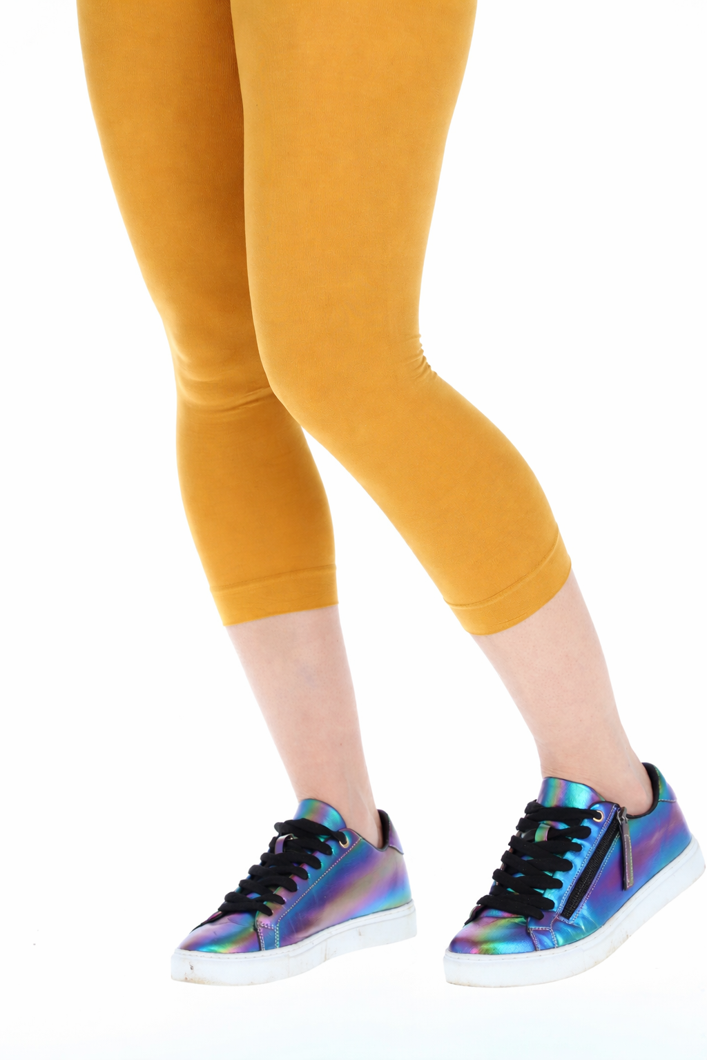 Front view of 50 Denier Premium Capri Tights (Mustard), add a pop of colour with our warm Mustard 50 denier Capri tights.