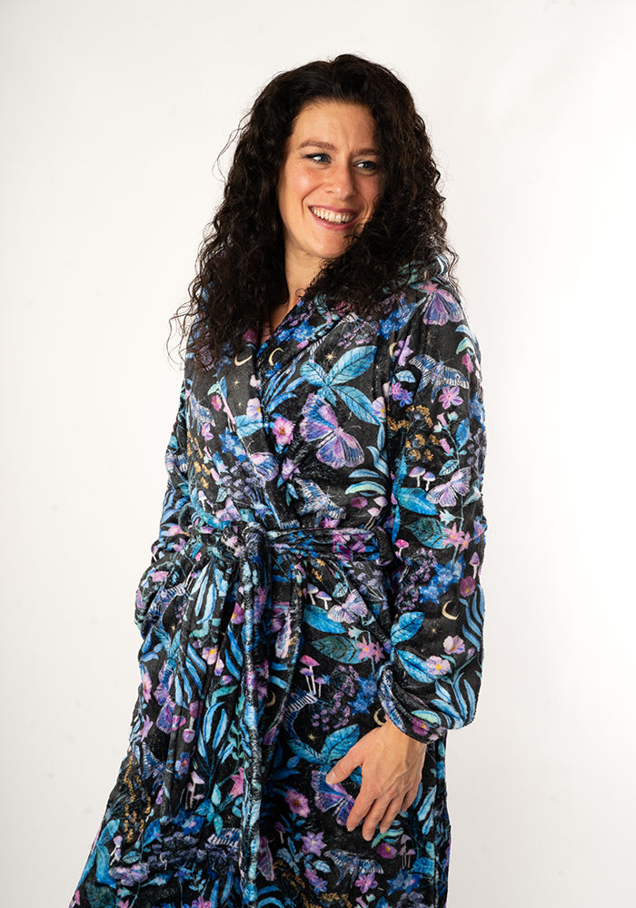 Fourth angle of Mystical Moth Print Hooded Dressing Gown