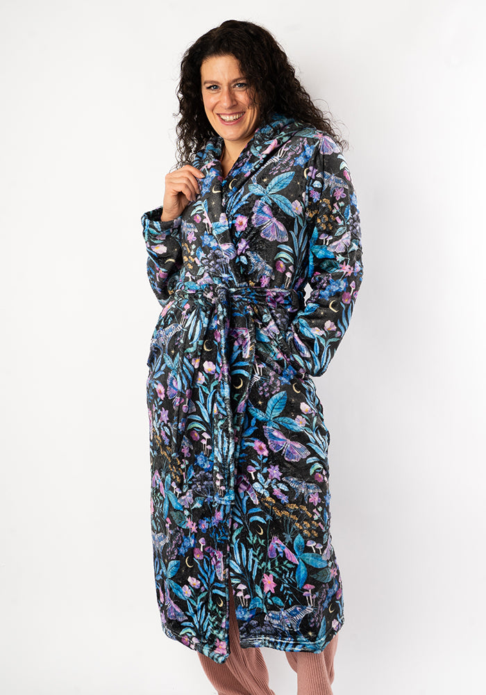 Front view of Mystical Moth Print Hooded Dressing Gown