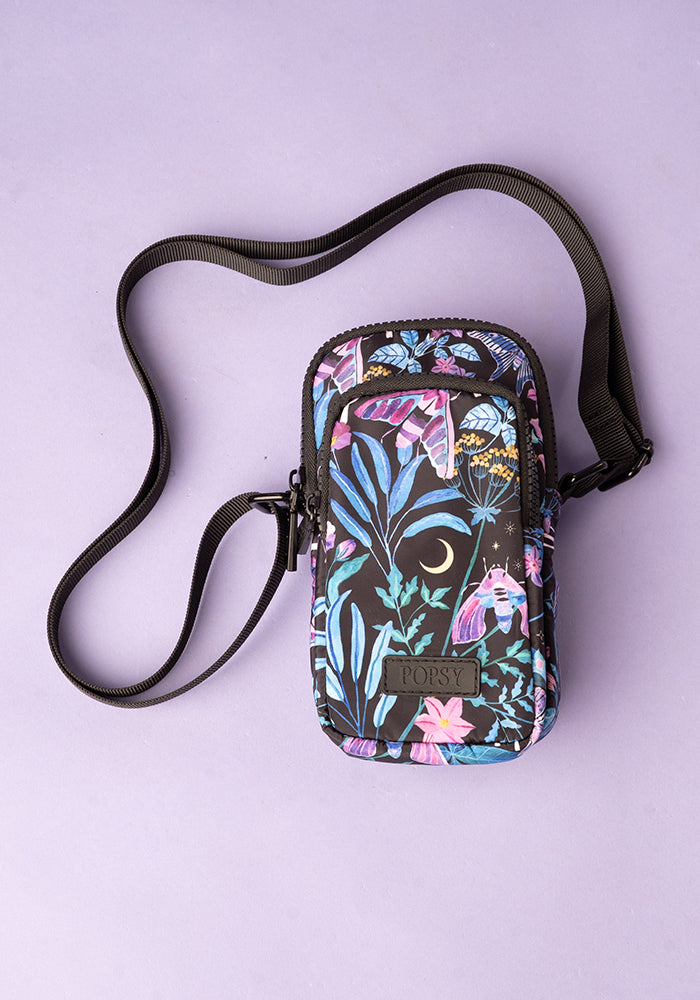 Front view of Mystical Moth Print Phone Pocket Bag