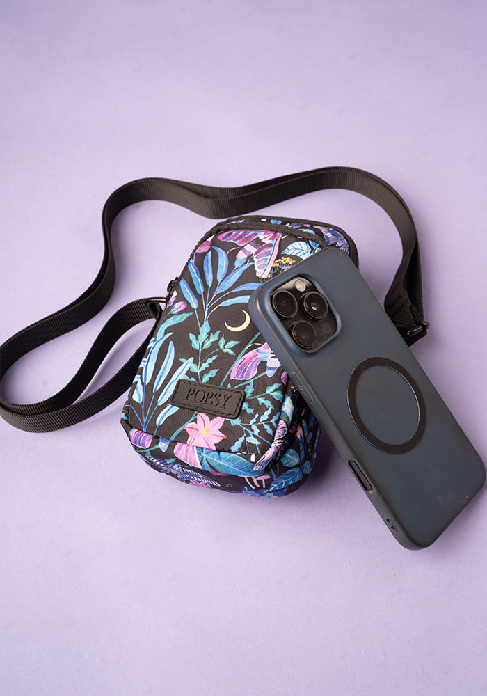 Second angle of Mystical Moth Print Phone Pocket Bag