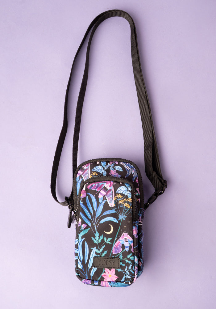Third angle of Mystical Moth Print Phone Pocket Bag