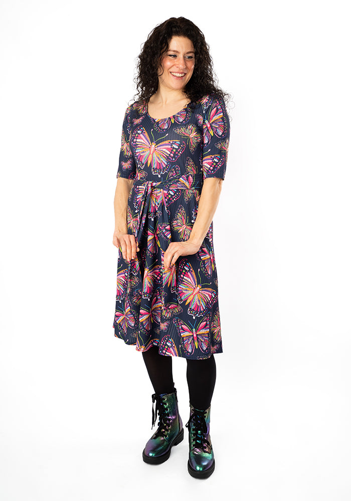 Front view of Nadine Sketched Butterflies Print Dress
