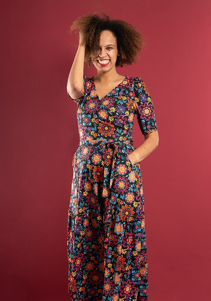Nahla Bright Painted Tile Print Tiered Hem Midaxi Dress