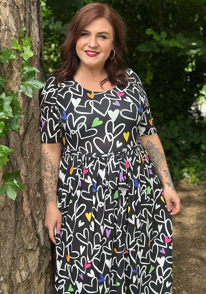 Naomi Doodle Hearts Print Midi Dress