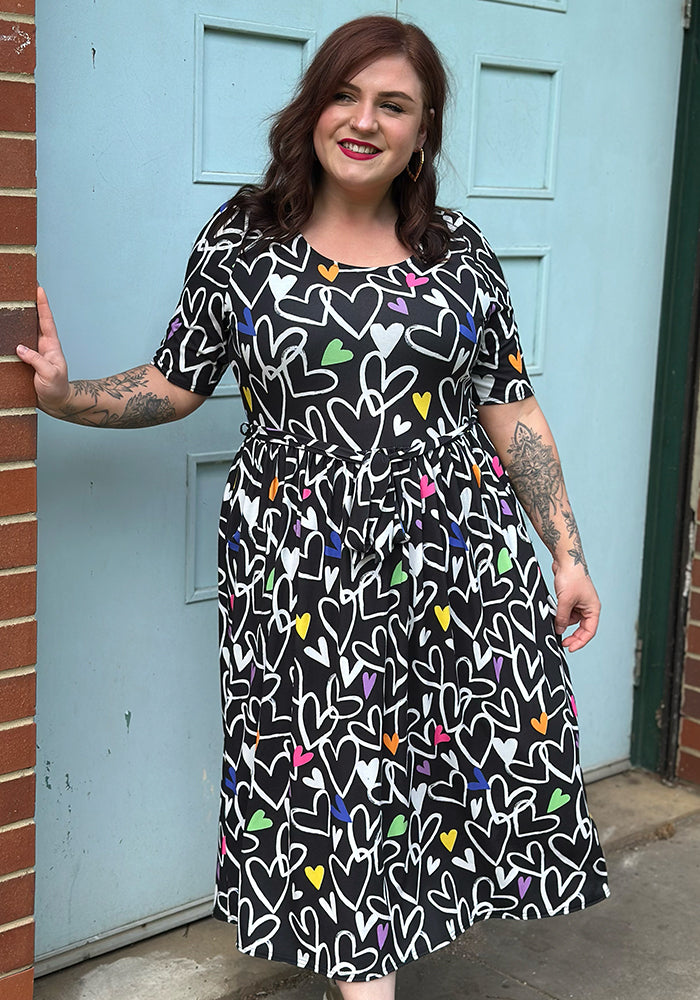 Naomi Doodle Hearts Print Midi Dress