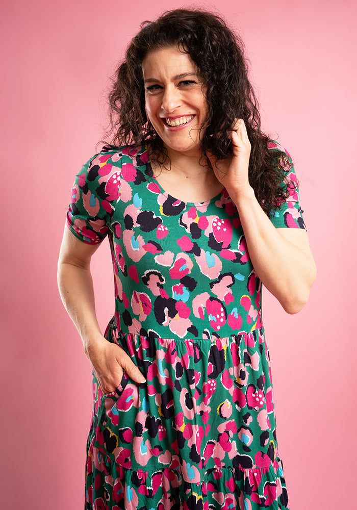 Nash Bright Animal Print Tiered Hem Viscose Midi Dress