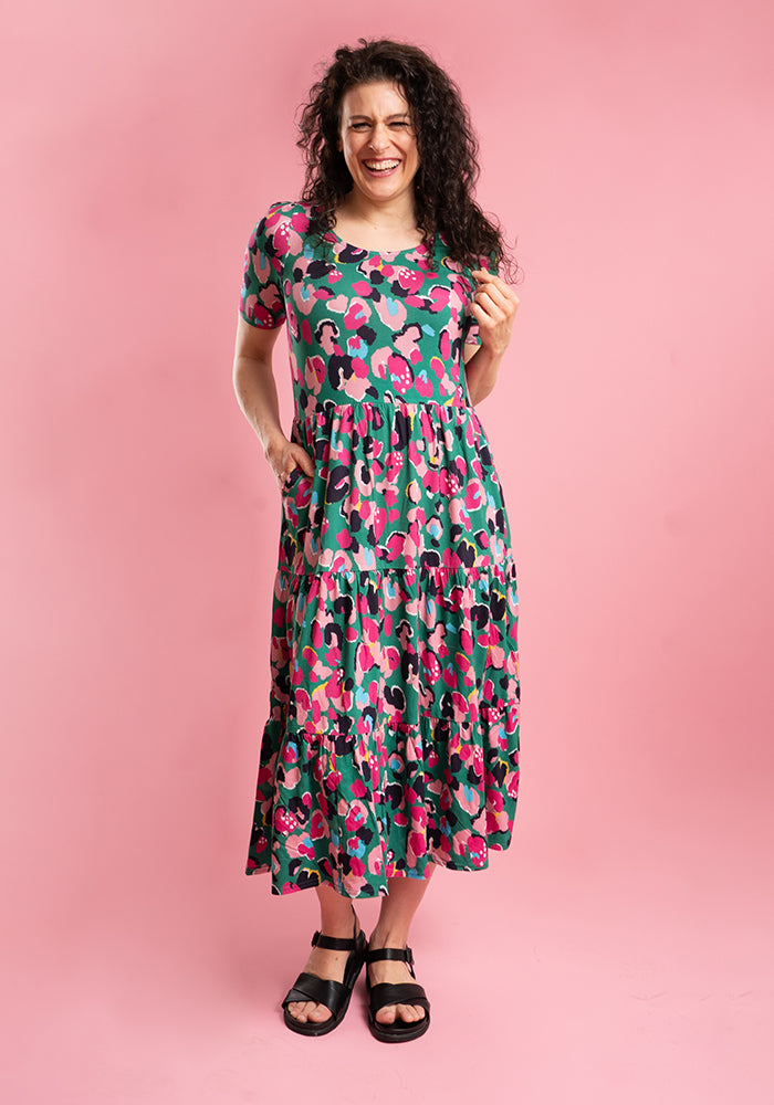 Nash Bright Animal Print Tiered Hem Viscose Midi Dress