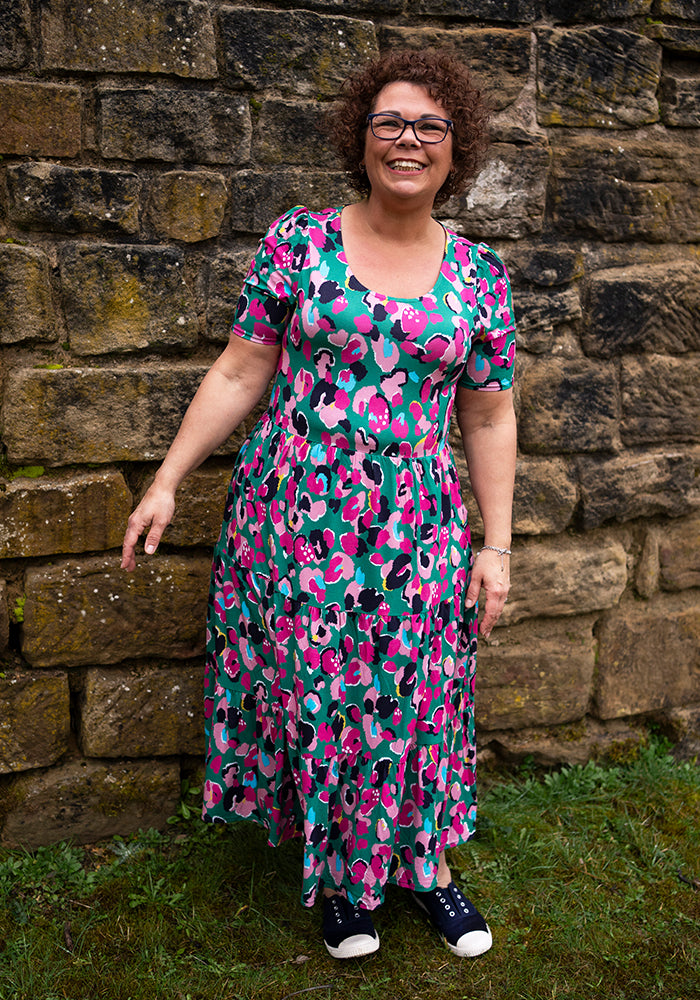 Nash Bright Animal Print Tiered Hem Viscose Midi Dress