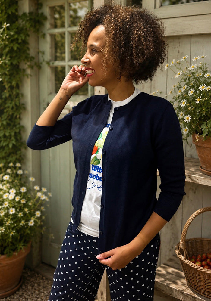 Front view of Navy Fine Knit Cardigan