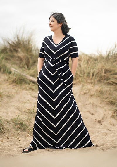 Cartier Navy & Ecru Chevron Viscose Maxi Dress